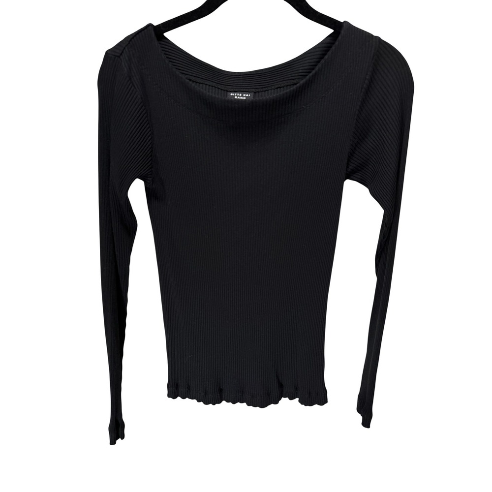 Bitte‎ Kai Rand Top Women XS Black Ribbed Long Sleeve Boat Neck Lettuce Hem